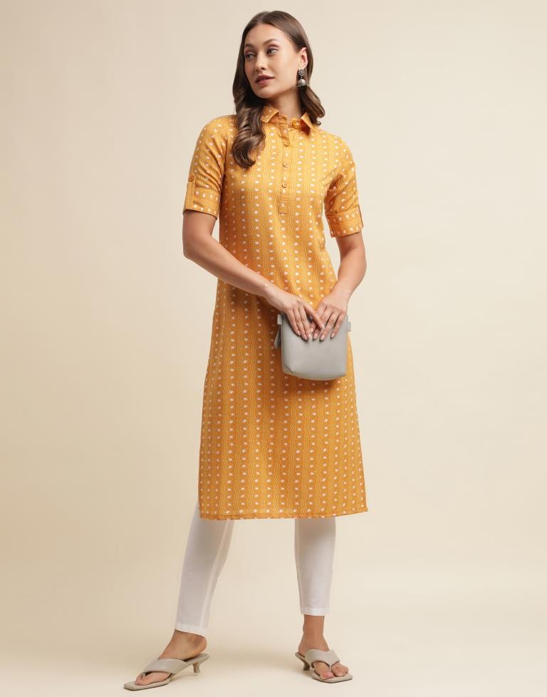 Musterd Yellow Printed Cotton Straight Kurta