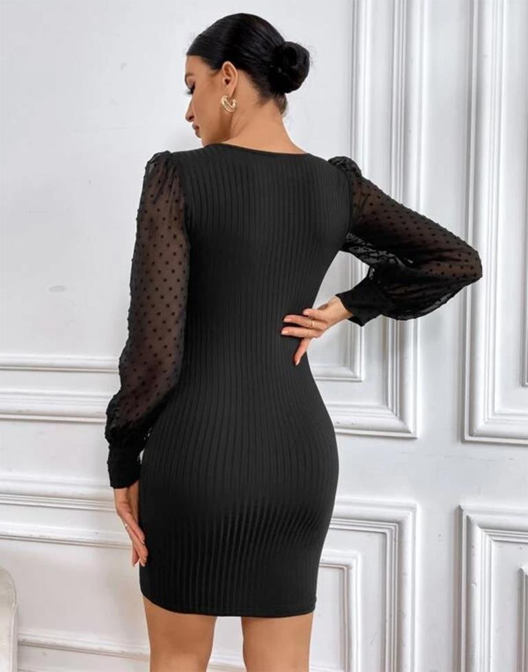 Black Swiss Dot Mesh Sleeve Bodycon Dress