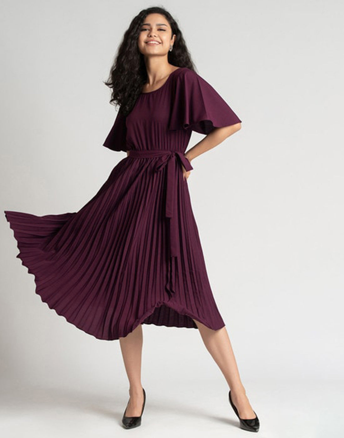 Wine Pleated Asymmetric Dress
