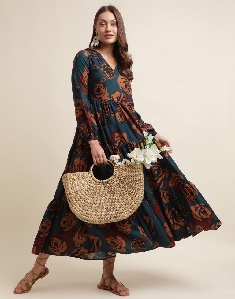 Navy Blue Printed Flared Dress | Suratsupplier