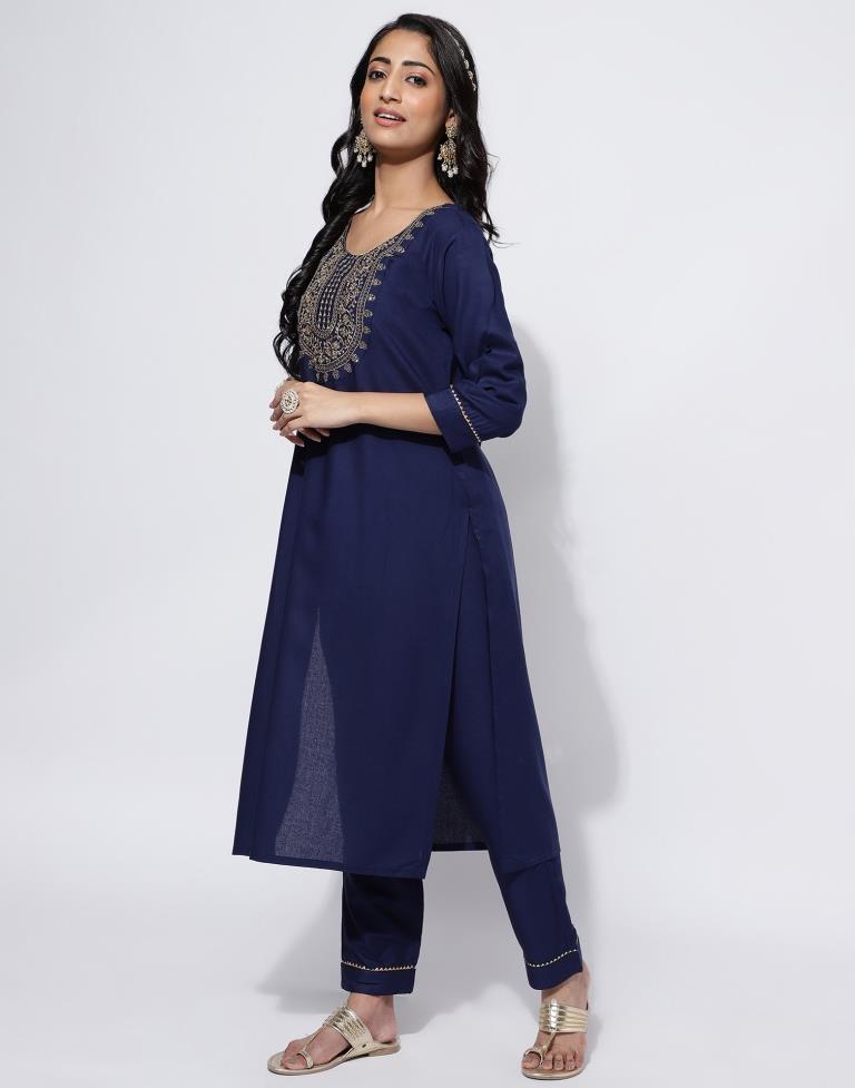 Buy Navy Blue Embroidered Silk Blend Straight Kurta With Trousers & Dupatta  Online at Rs.2379 | Libas
