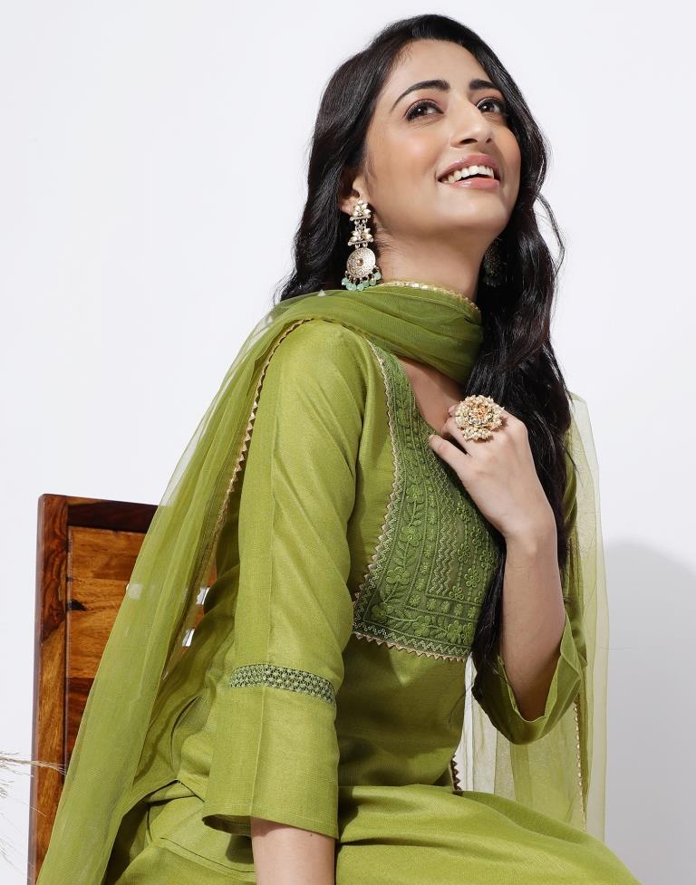 Parrot Green & Blue Cotton Embroidered & Mirror Work Salwar Suit For Women  - Mf Next Com - 2436173