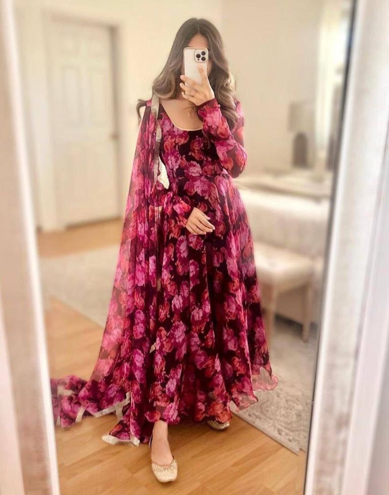Wine Printed Georgette Flared Kurta With Dupatta