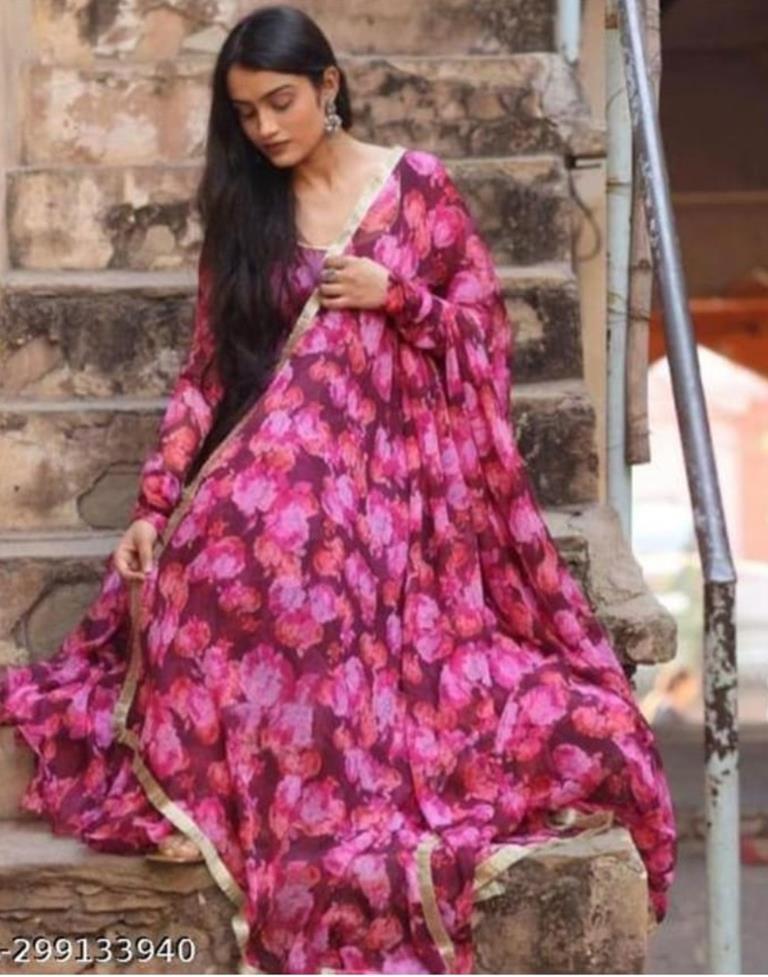 Wine Printed Georgette Flared Kurta With Dupatta