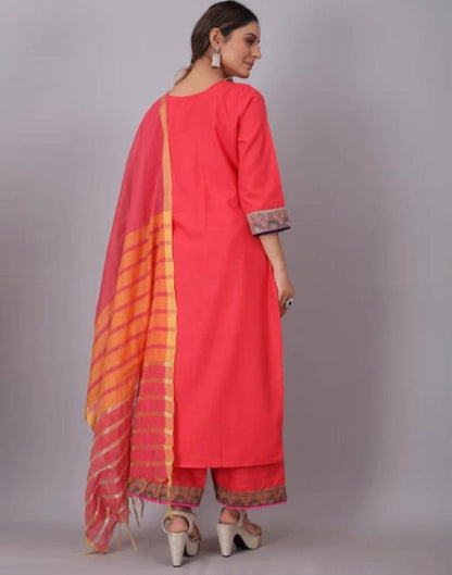 Red Plain Cotton Straight Kurta With Dupatta