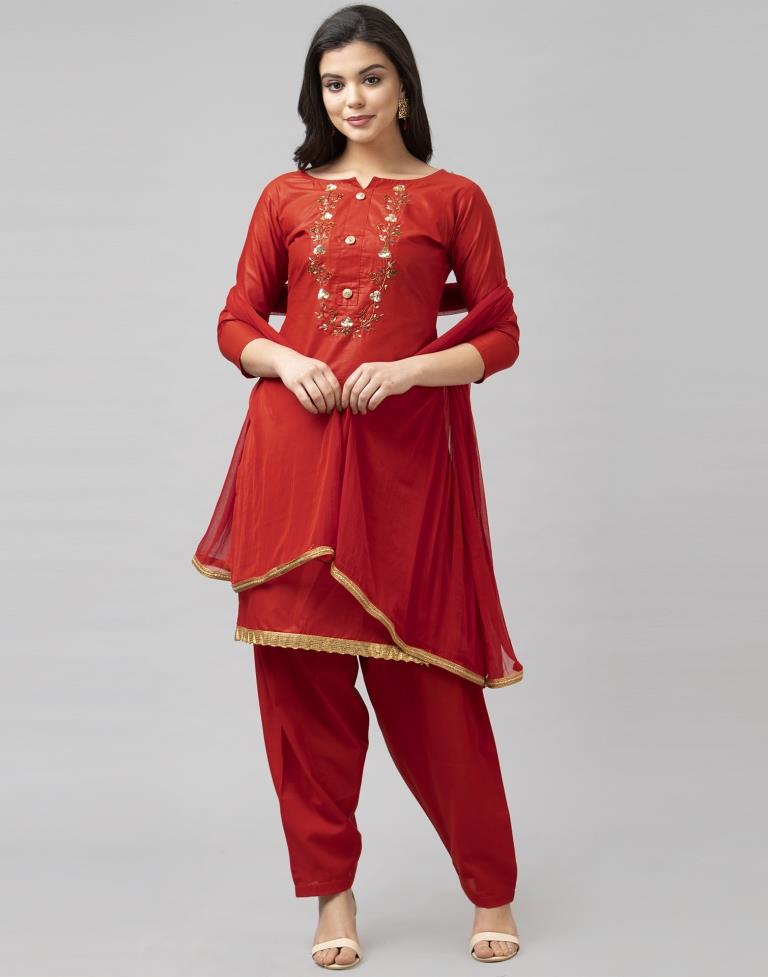 Fire Brick Red Cotton Embroidered Unstitched Salwar Suit