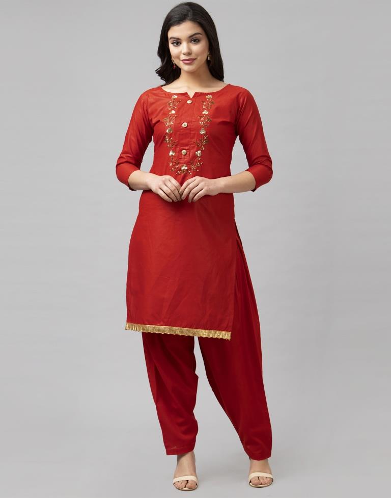 Fire Brick Red Cotton Embroidered Unstitched Salwar Suit