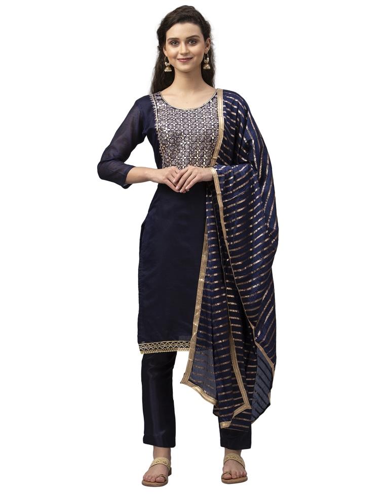 Astounding Navy Blue Cotton Thread Work Unstitched Salwar Suit