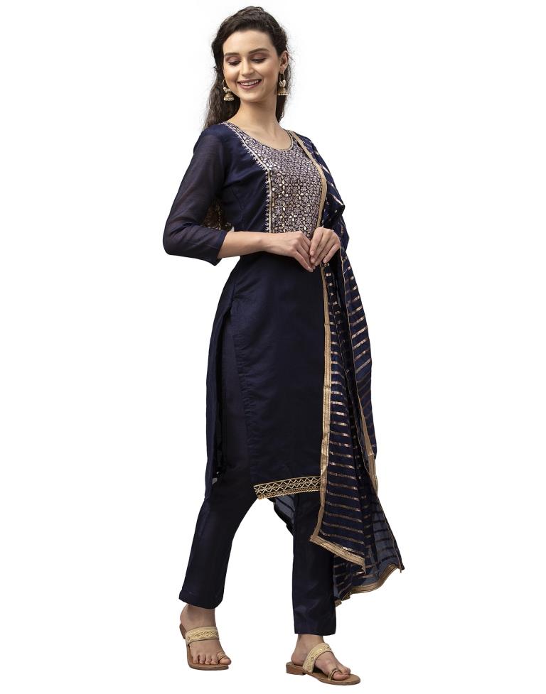 Astounding Navy Blue Cotton Thread Work Unstitched Salwar Suit