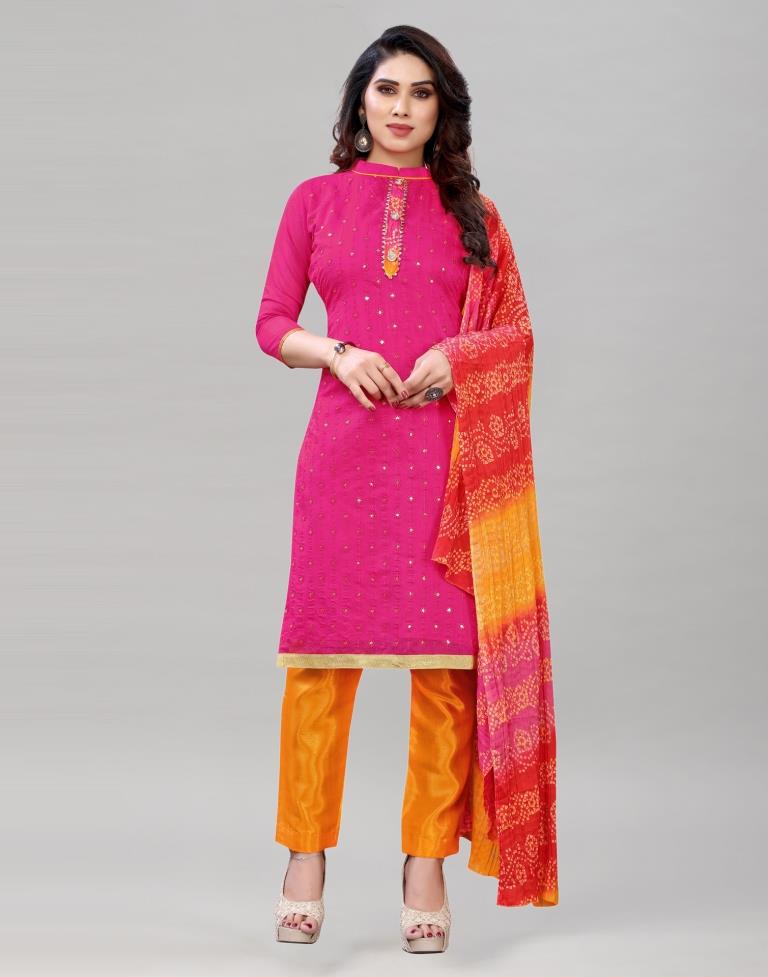 Imperial Pink Cotton Embroidered Unstitched Salwar Suit