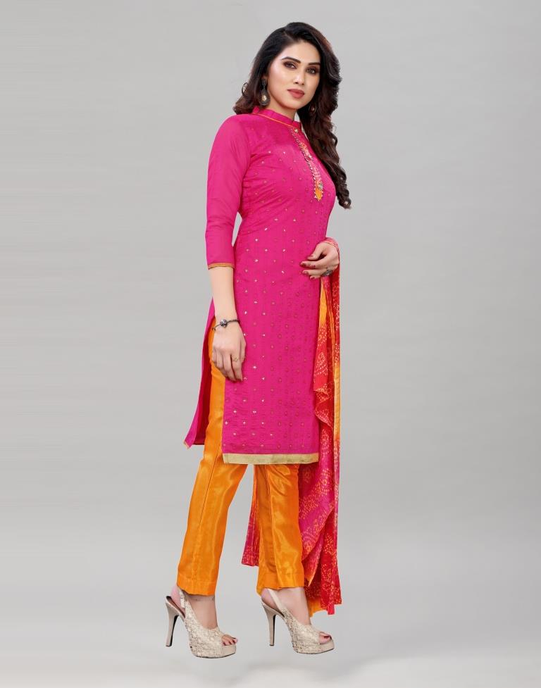 Imperial Pink Cotton Embroidered Unstitched Salwar Suit