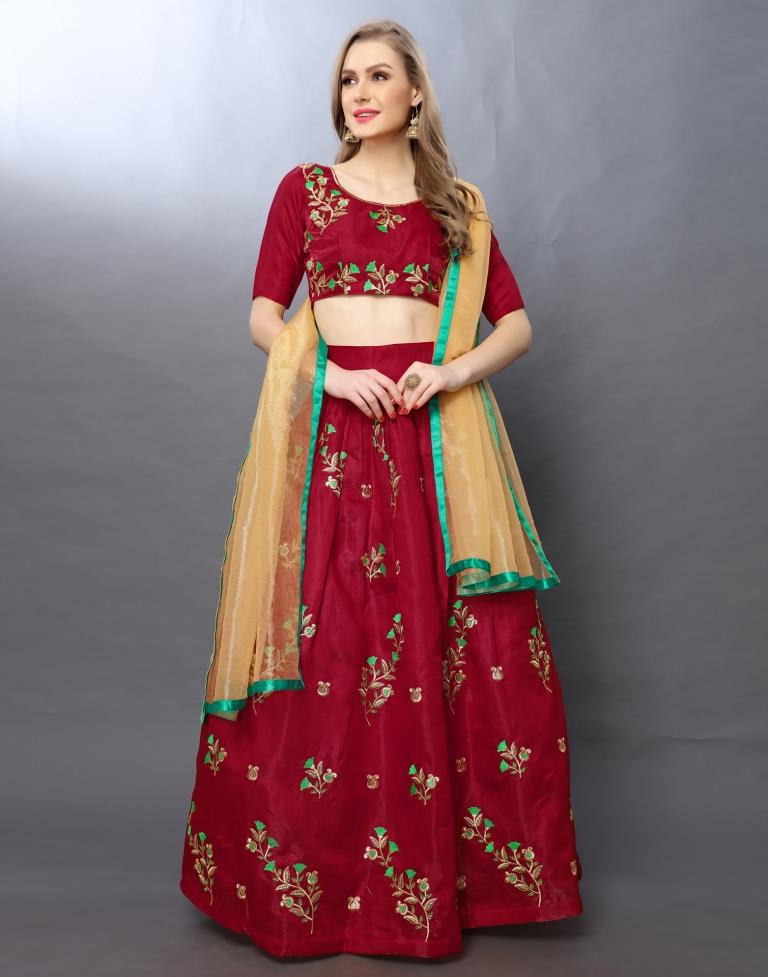 Stunning Red Coloured Satin-Taffeta Zari Embroidered Casual Wear Lehenga | SLV103L10192