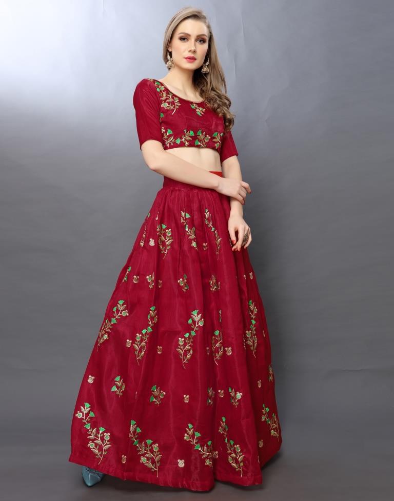 Stunning Red Coloured Satin-Taffeta Zari Embroidered Casual Wear Lehenga | SLV103L10192