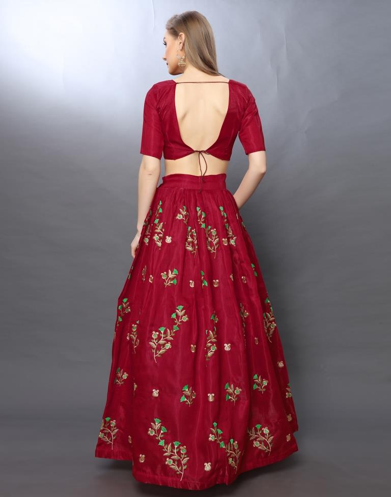 Stunning Red Coloured Satin-Taffeta Zari Embroidered Casual Wear Lehenga | SLV103L10192