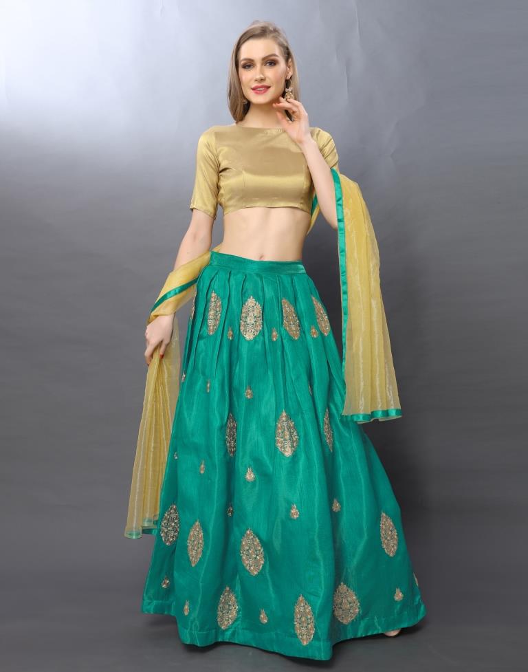 Ethnic Turquoise Coloured Satin-Taffeta Zari Embroidered Casual Wear Lehenga | SLV103L10196