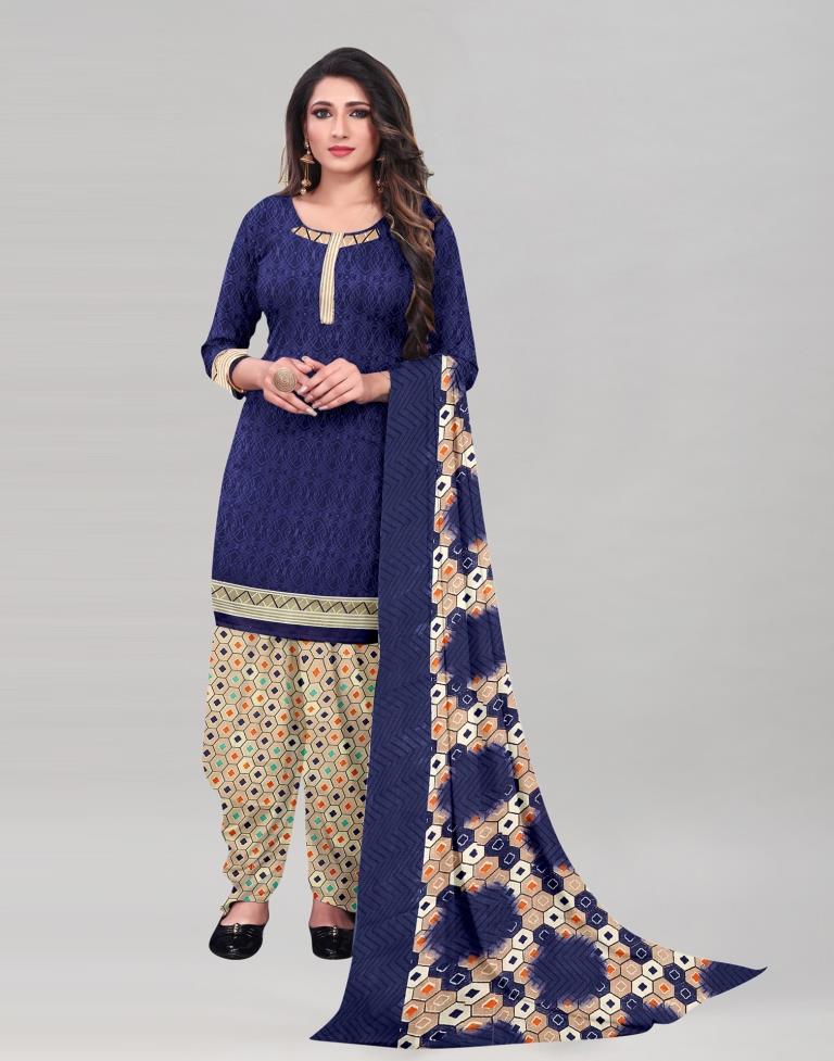 Precious Navy Blue Printed Unstitched Salwar Suit