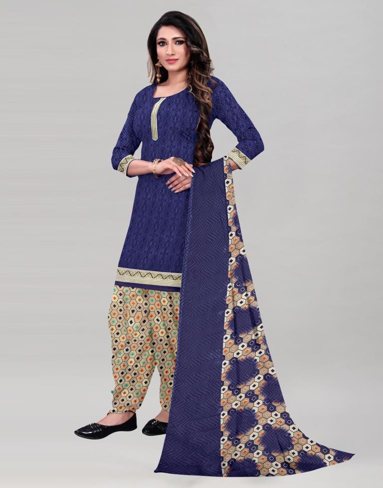 Precious Navy Blue Printed Unstitched Salwar Suit