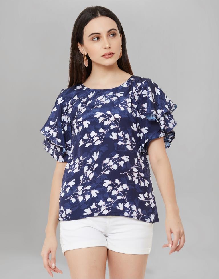 Ambitious Blue Coloured Printed Silk Crepe Tops | SLV107TK2504