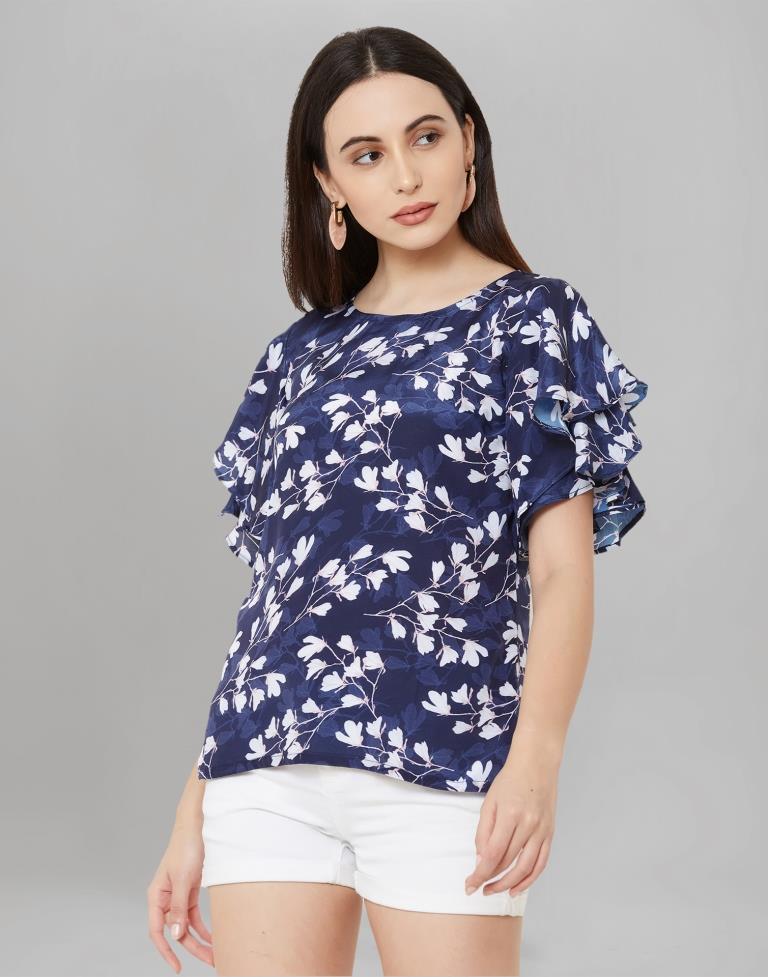 Ambitious Blue Coloured Printed Silk Crepe Tops | SLV107TK2504