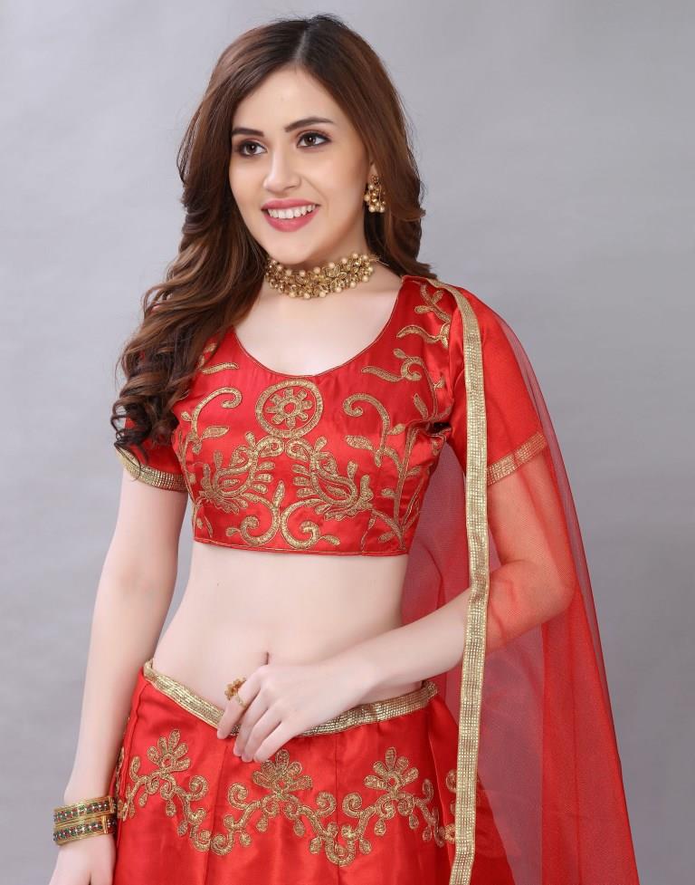 Favourable Red Coloured Satin Silk Embroidered Casual Wear Lehenga | SLV118L10373