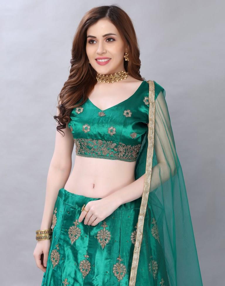 Choicest Green Coloured Satin Silk Embroidered Casual Wear Lehenga | SLV118L10377
