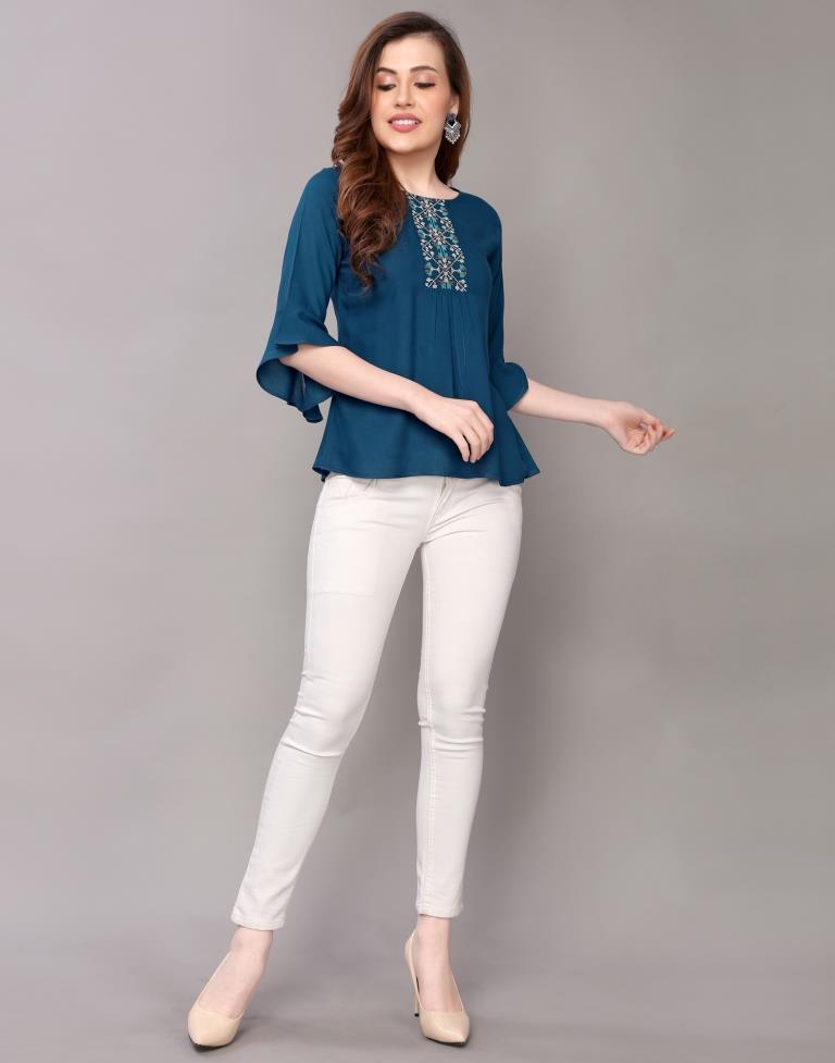 Prussian Blue Coloured Embroidered Rayon Top | SLV118TK2647