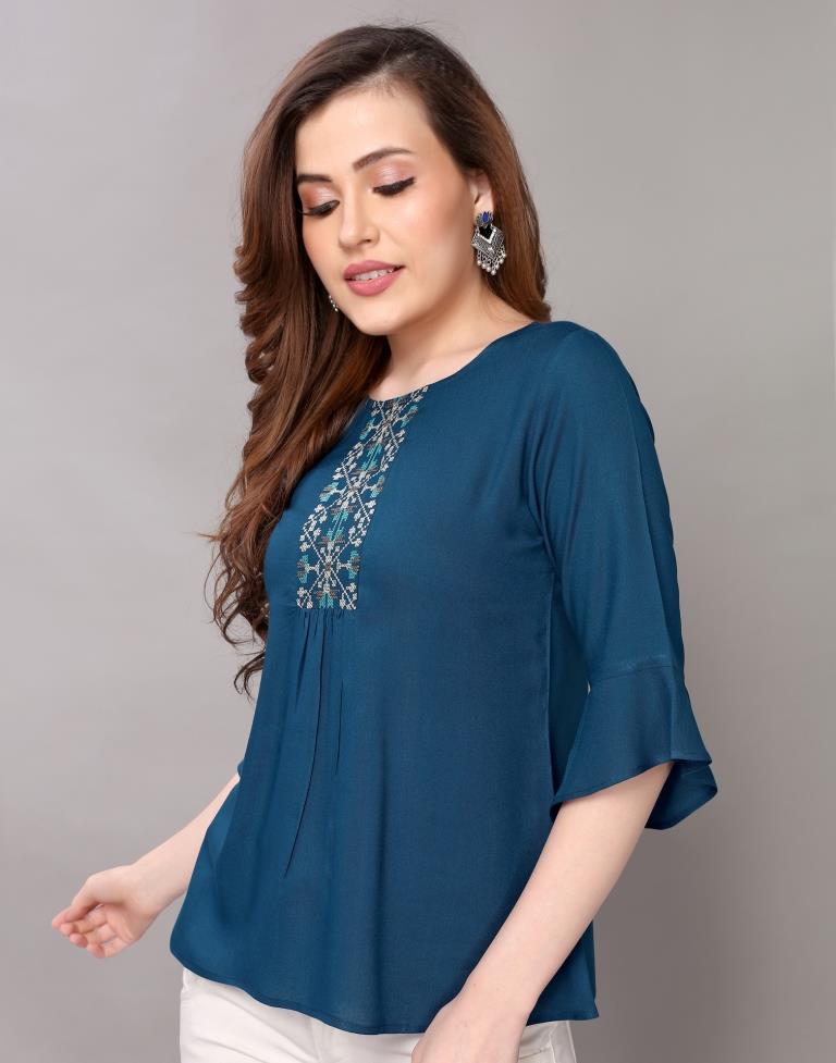 Prussian Blue Coloured Embroidered Rayon Top | SLV118TK2647