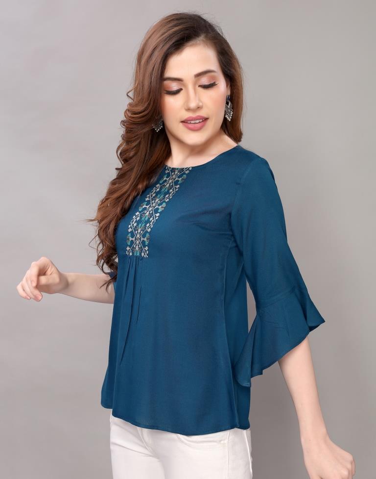 Prussian Blue Coloured Embroidered Rayon Top | SLV118TK2647