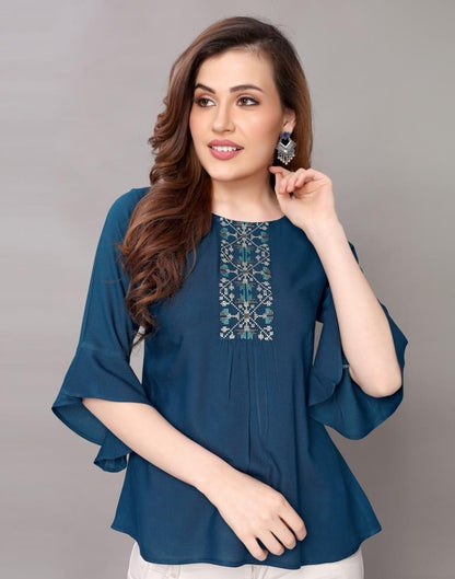 Prussian Blue Coloured Embroidered Rayon Top | SLV118TK2647