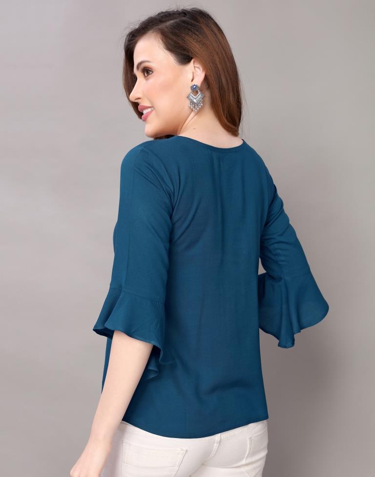 Prussian Blue Coloured Embroidered Rayon Top | SLV118TK2647