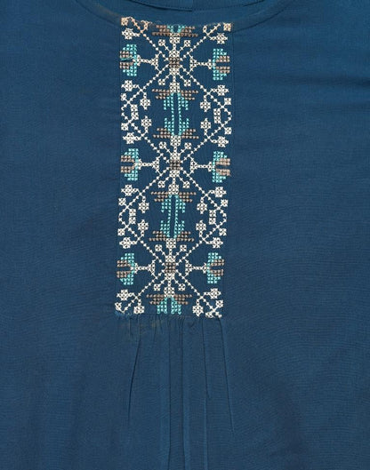 Prussian Blue Coloured Embroidered Rayon Top | SLV118TK2647