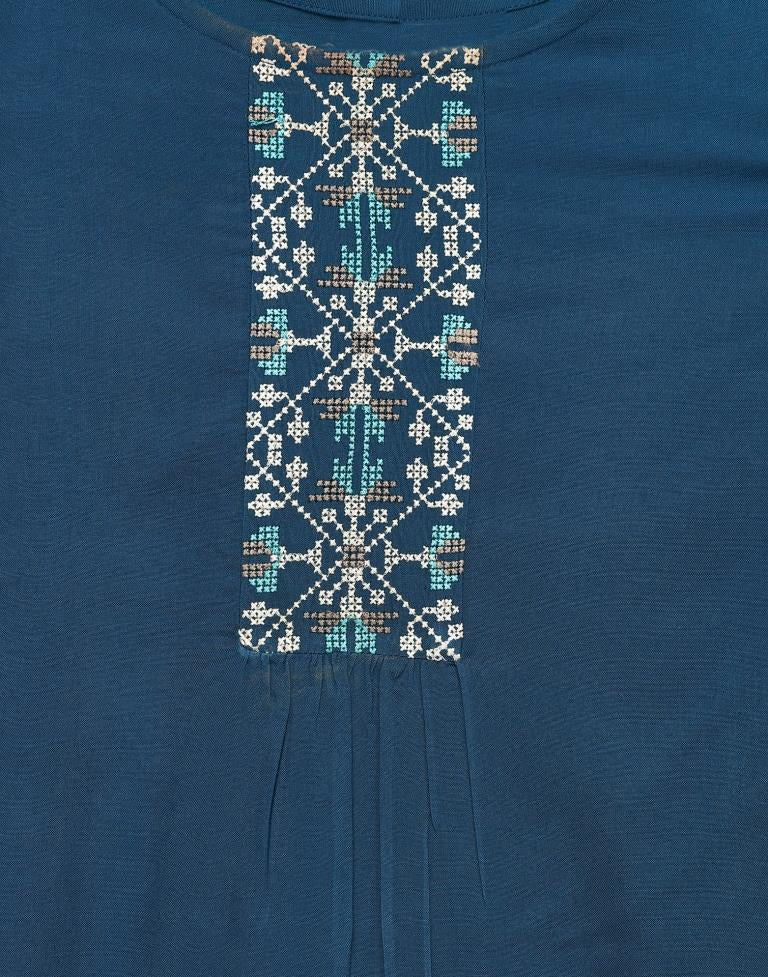 Prussian Blue Coloured Embroidered Rayon Top | SLV118TK2647