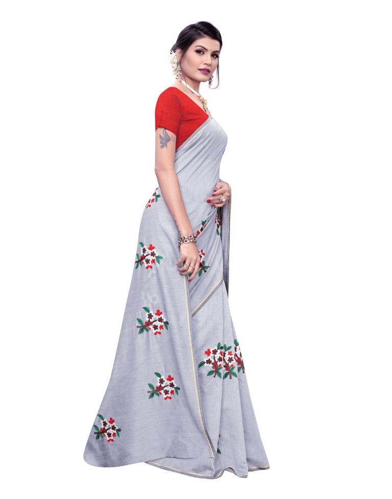 Grey Coloured Chanderi Thread Embroidery Saree | SLV1192S116
