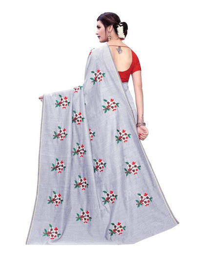 Grey Coloured Chanderi Thread Embroidery Saree | SLV1192S116