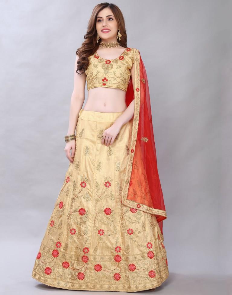 Stylish Cream Coloured Poly Silk Embroidered Casual Wear Lehenga | SLV119L10398