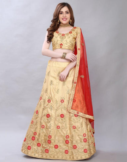 Stylish Cream Coloured Poly Silk Embroidered Casual Wear Lehenga | SLV119L10398