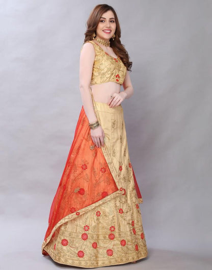 Stylish Cream Coloured Poly Silk Embroidered Casual Wear Lehenga | SLV119L10398