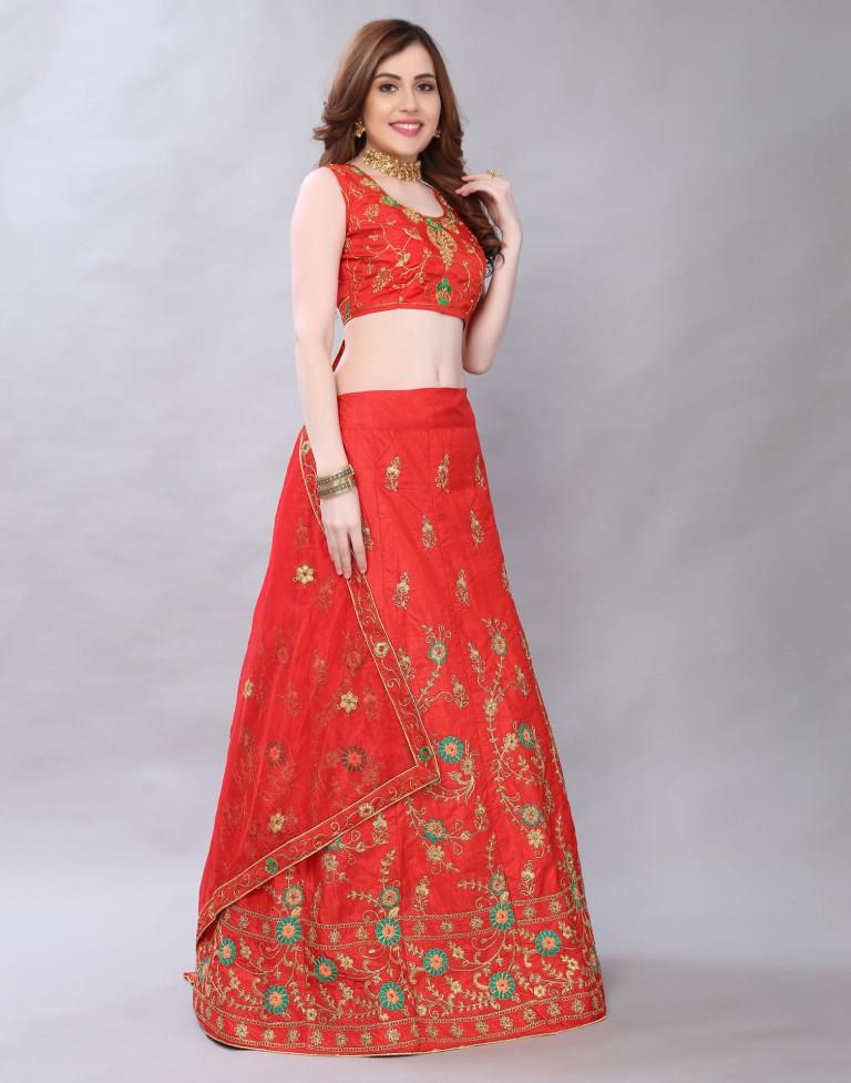 Peppy Red Coloured Poly Silk Embroidered Casual Wear Lehenga | SLV119L10399