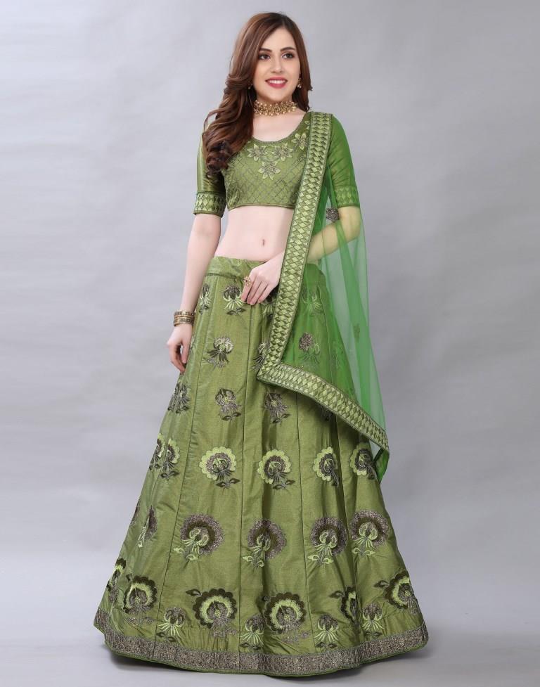 Picturesque Olive Green Coloured Satin Silk Embroidered Casual Wear Lehenga | SLV119L10403