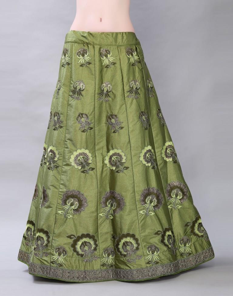 Picturesque Olive Green Coloured Satin Silk Embroidered Casual Wear Lehenga | SLV119L10403