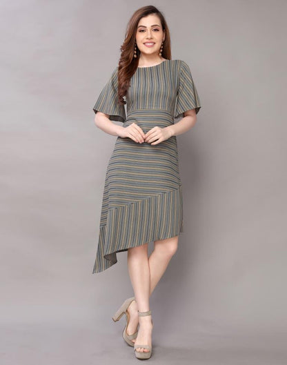 Olive Green Coloured Woven Striped Rayon Dress | SLV120TK2661