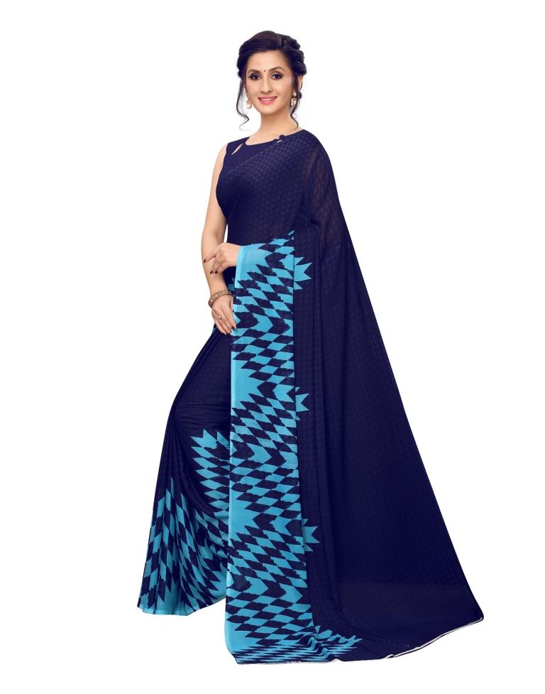 Navy Blue Coloured Printed Georgette Saree | SLV1221S2193