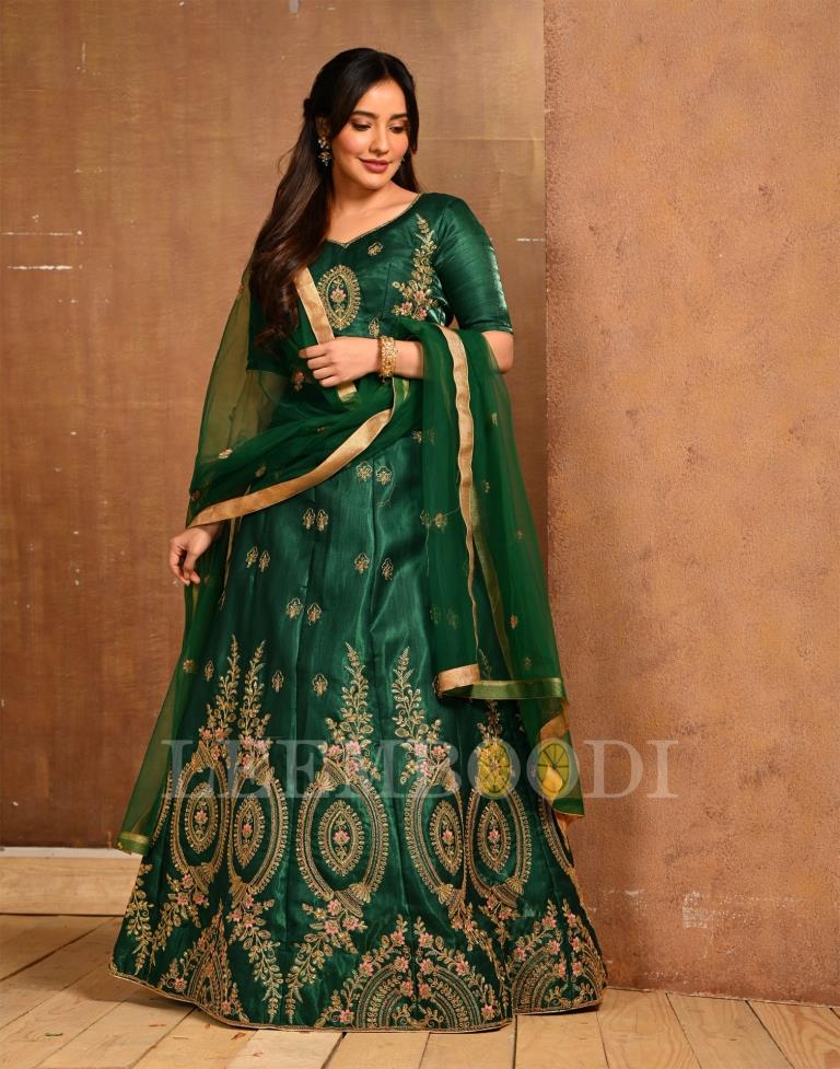 Bottle Green Coloured Poly Silk Embroidered Partywear Lehenga  | SLV125L10495