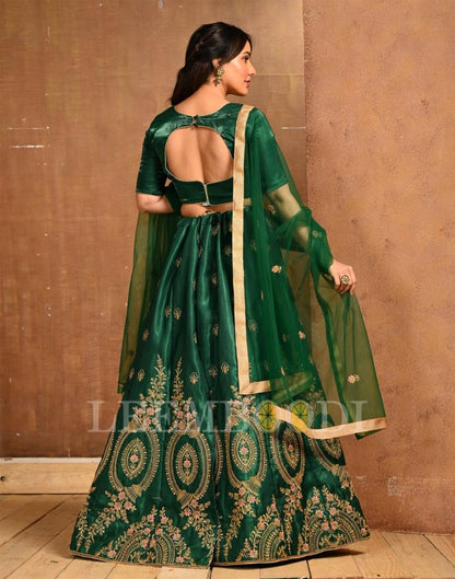 Bottle Green Coloured Poly Silk Embroidered Partywear Lehenga  | SLV125L10495