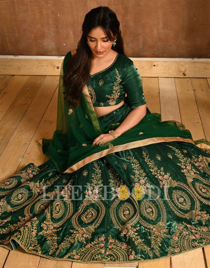 Bottle Green Coloured Poly Silk Embroidered Partywear Lehenga  | SLV125L10495