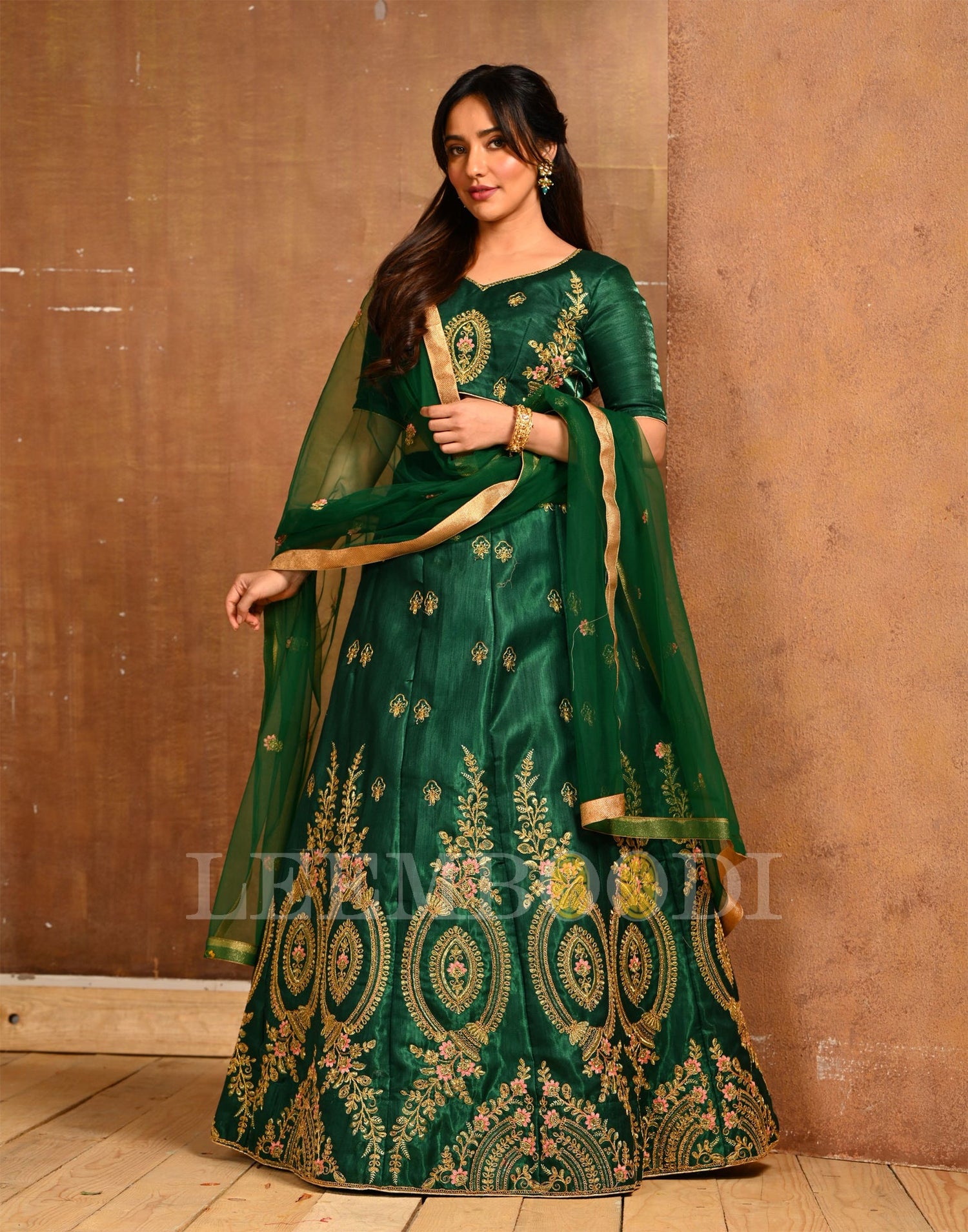 Bottle Green Coloured Poly Silk Embroidered Partywear Lehenga  | SLV125L10495
