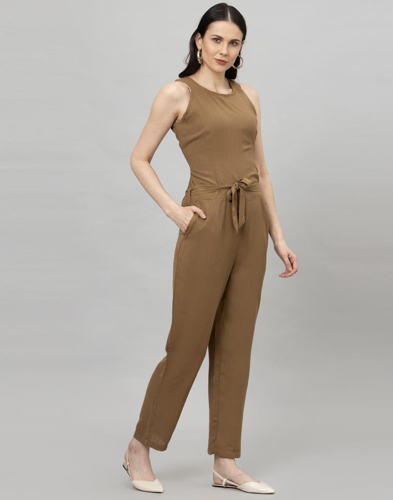 Peanut Brown Coloured Plain Poly Rayon Jumpsuit | SLV133TK2752