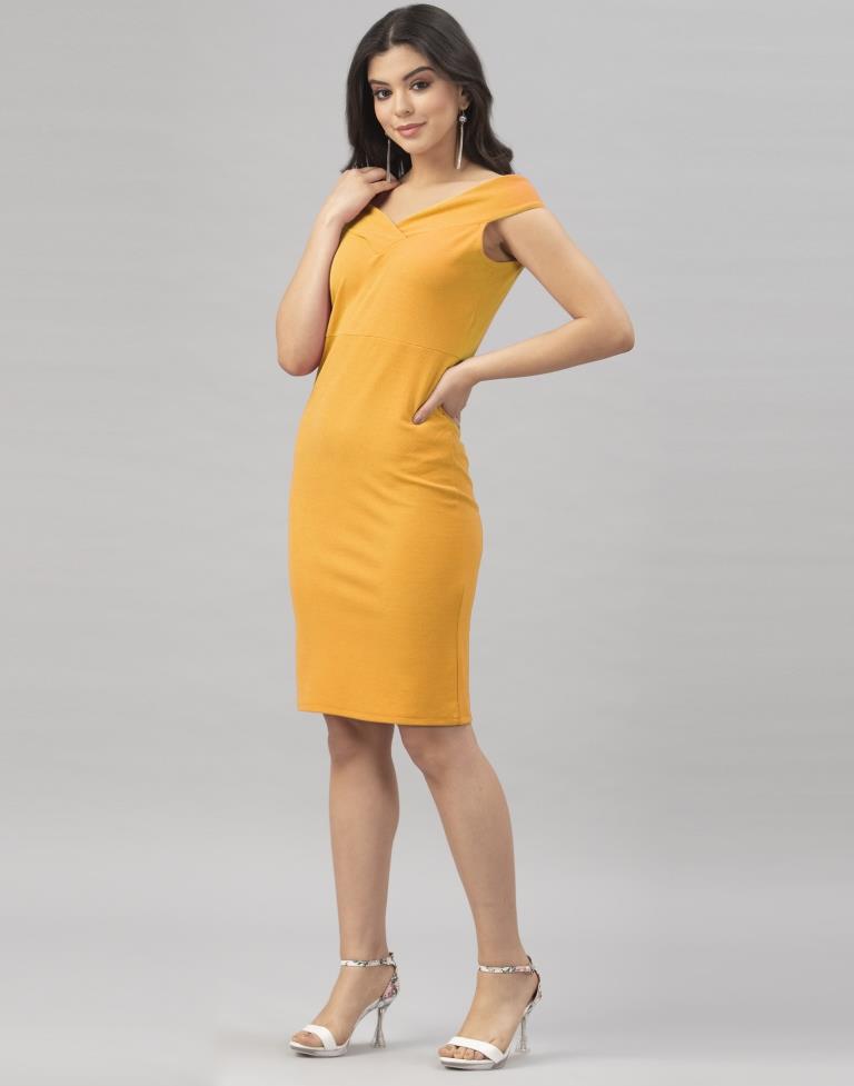 Mustard Yellow Coloured Knitted Lycra Dress | SLV151TK2812