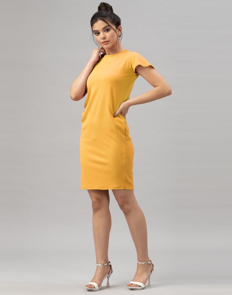 Talismanic Mustard Yellow Coloured Knitted Lycra Dress | SLV153TK2832