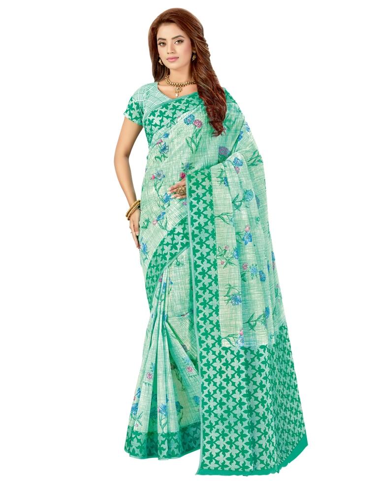 Seafoam Green Coloured Cotton Printed Casual saree